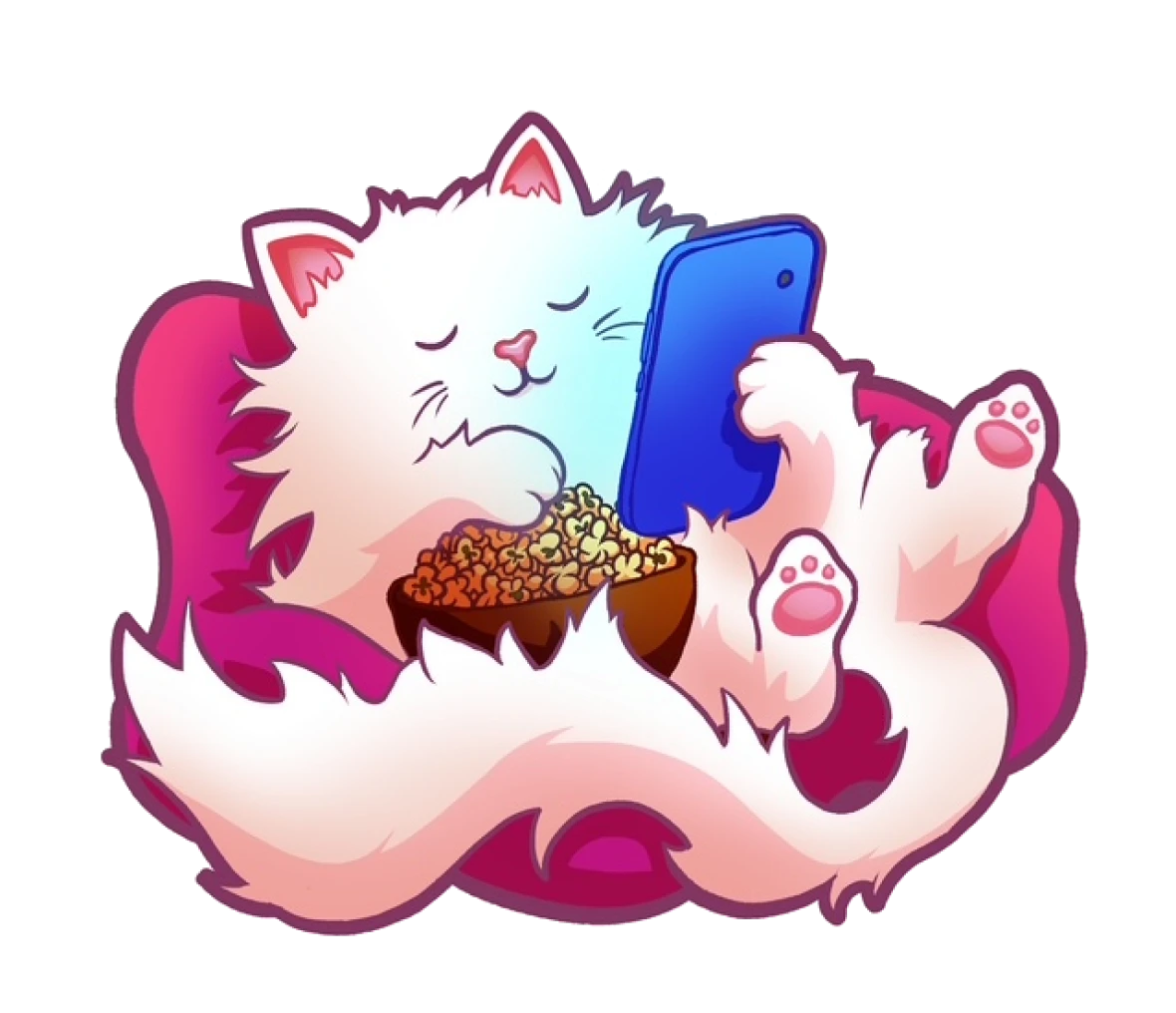 Fluffy cat relaxing with popcorn and phone.